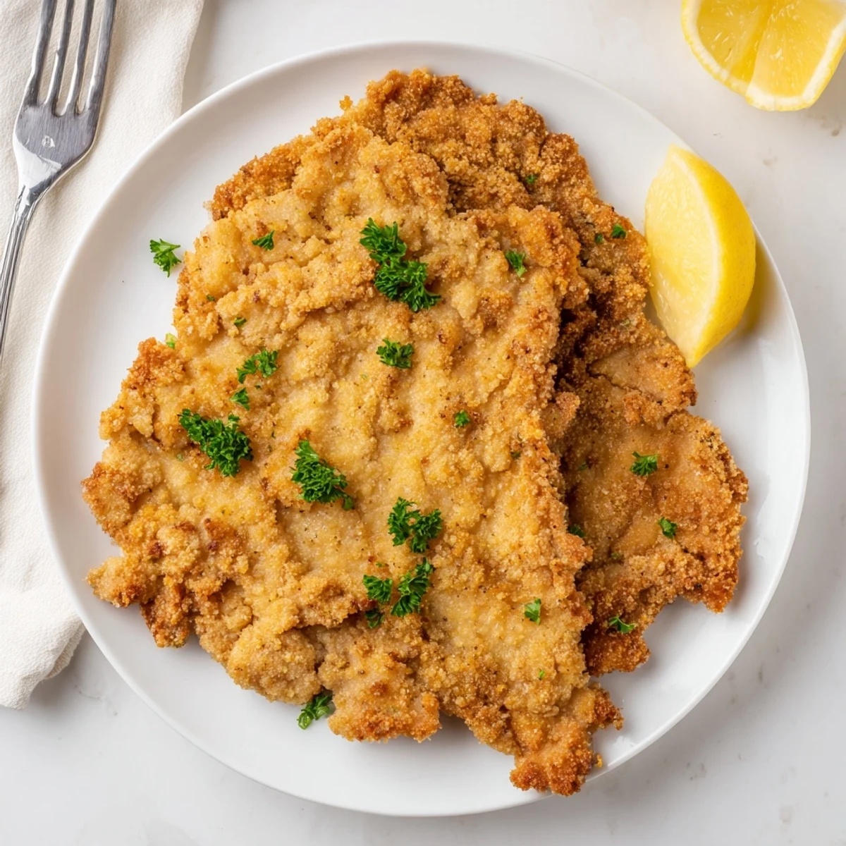 Klassisches Wiener Schnitzel, perfekt knusprig mit feiner Panade und Zitronenscheiben.