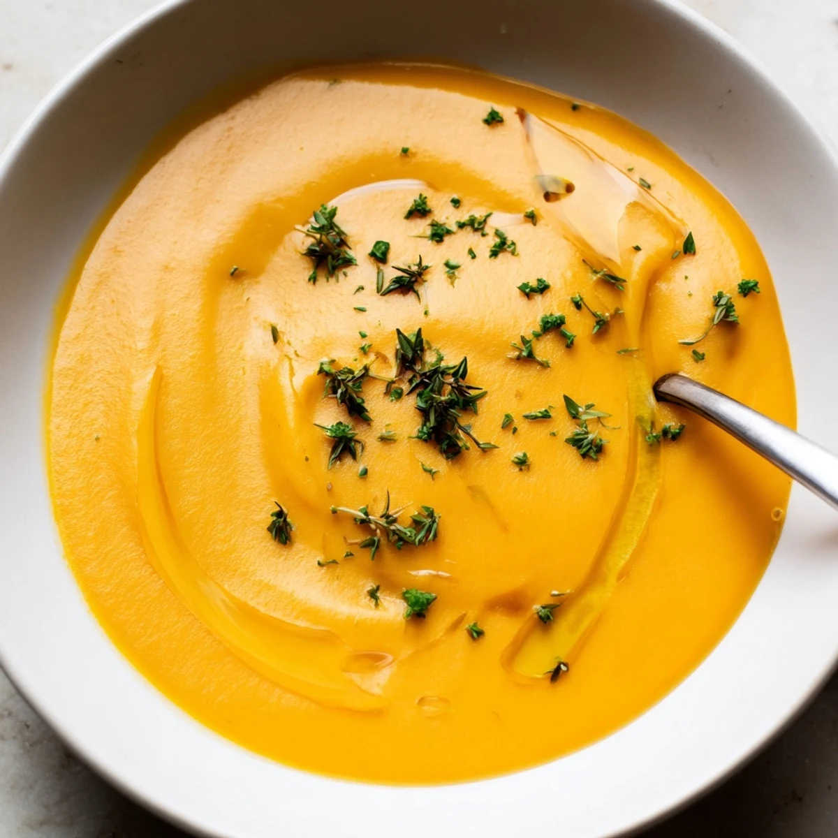 Crema von Kürbissuppe mit frischen Kräutern, perfekt für kühle Herbsttage serviert.  