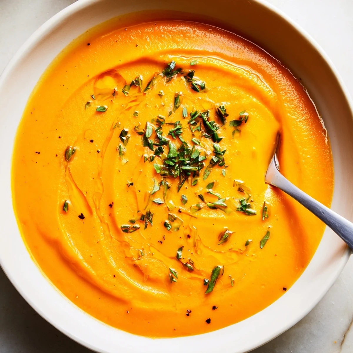 Aromatische Kürbissuppe mit frischen Kräutern, ideal für einen herzhaften Starter.  