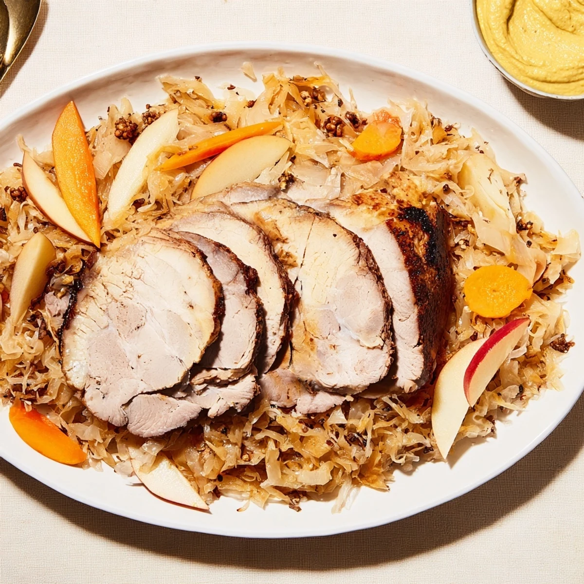 Saftiger deutscher Schweinebraten mit Sauerkraut, Äpfeln und aromatischen Gewürzen.