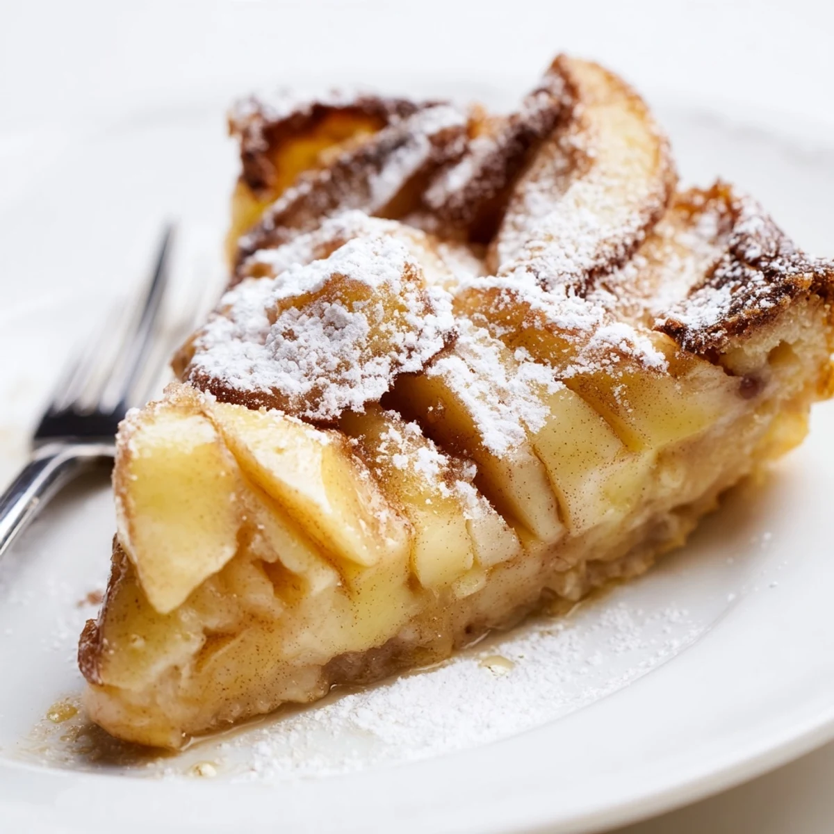 Zweischichtige deutsche Apfelpfannkuchen, warm serviert, ideal mit Puderzucker und Ahornsirup.