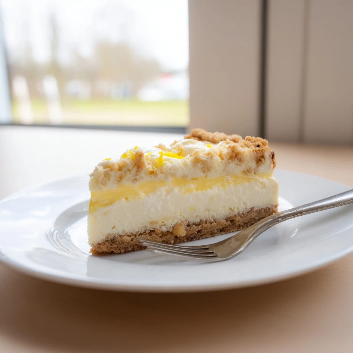 Ein köstlicher German Cheesecake, perfekt garniert mit frischen Beeren und Sahne.