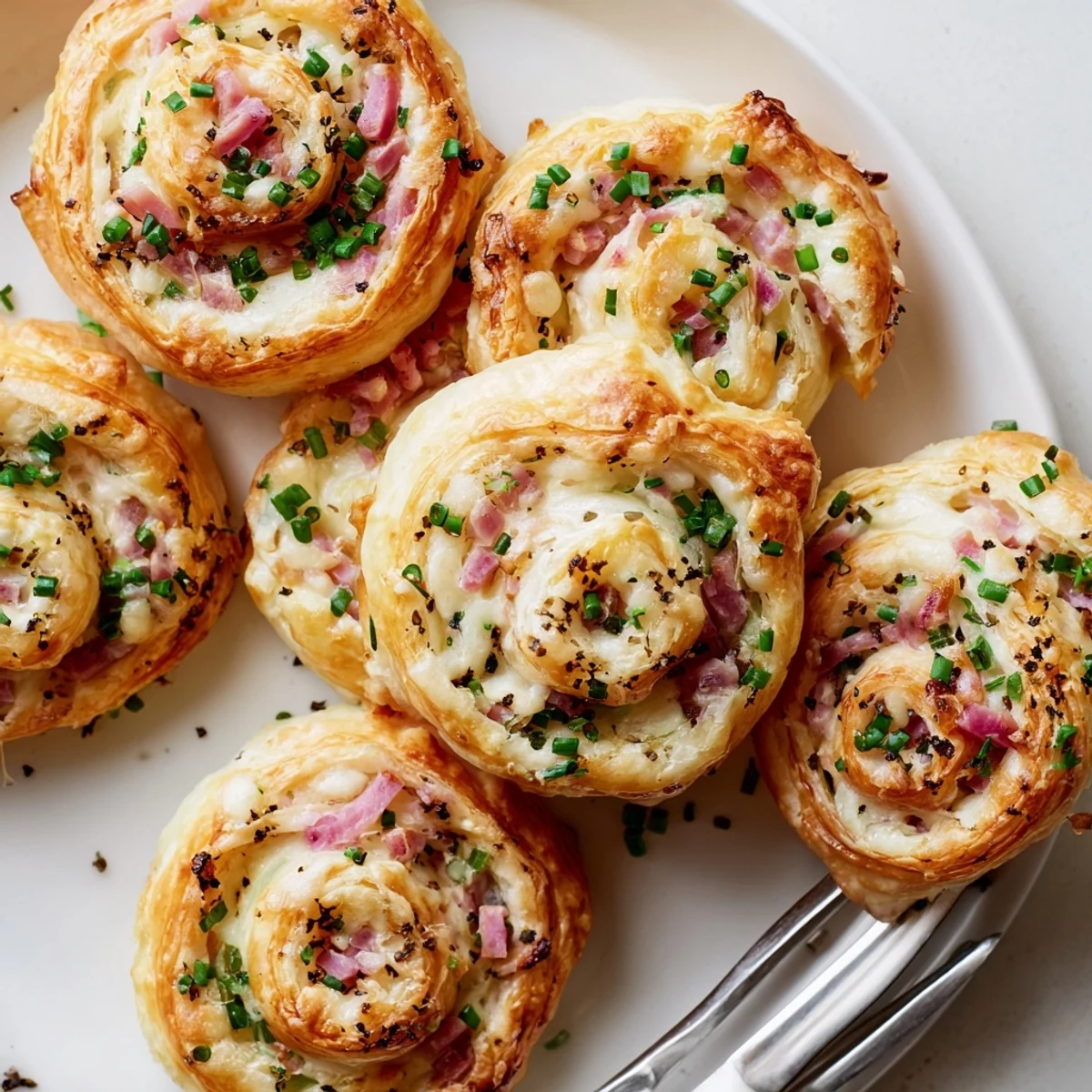 Raucharomatische Ham and Cheese Pinwheels auf goldbraun gebackenem Blätterteig.  