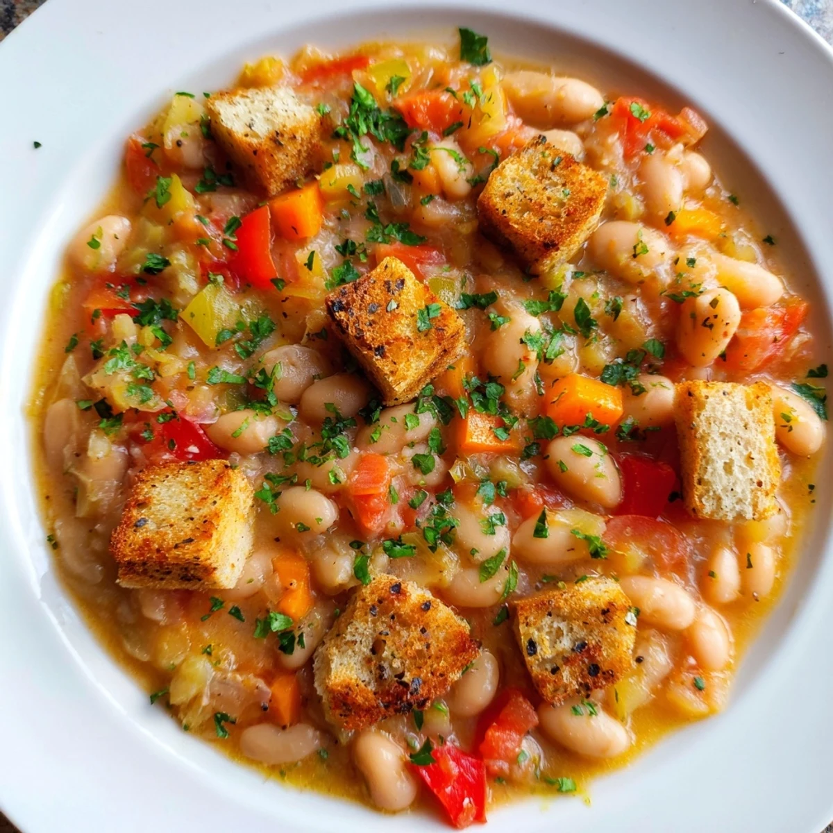 Hearty view of the Rustic German Bean & Tomato Stew with golden, crunchy rye croutons on top.