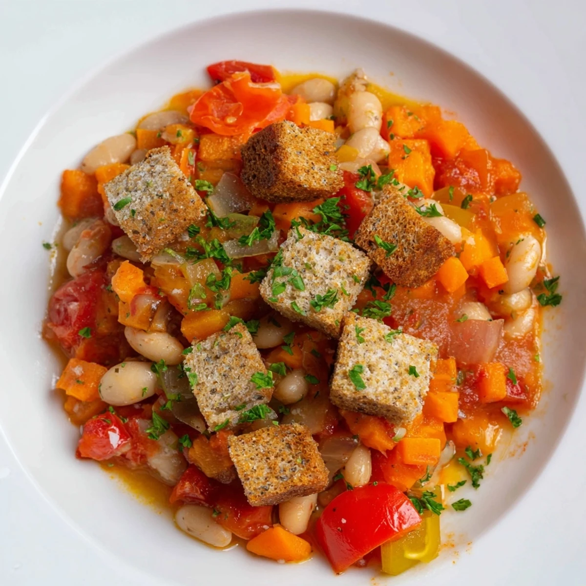 A close-up of Rustic German Bean & Tomato Stew with fresh parsley and rye crouton topping.