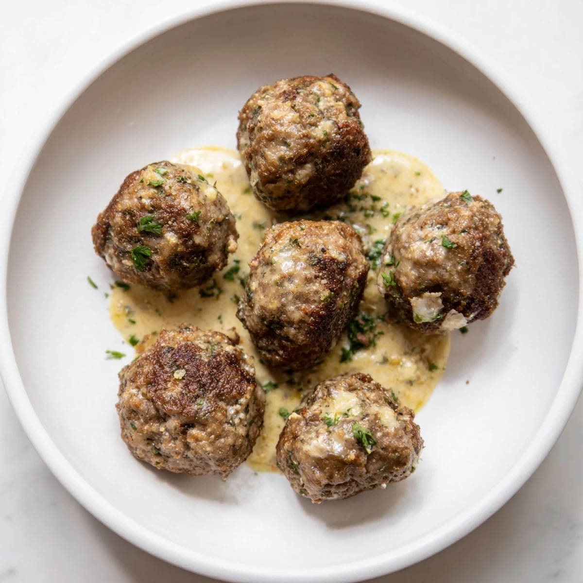 Golden-brown Oven-Baked German Meatballs swimming in creamy mustard sauce, a comforting dinner.