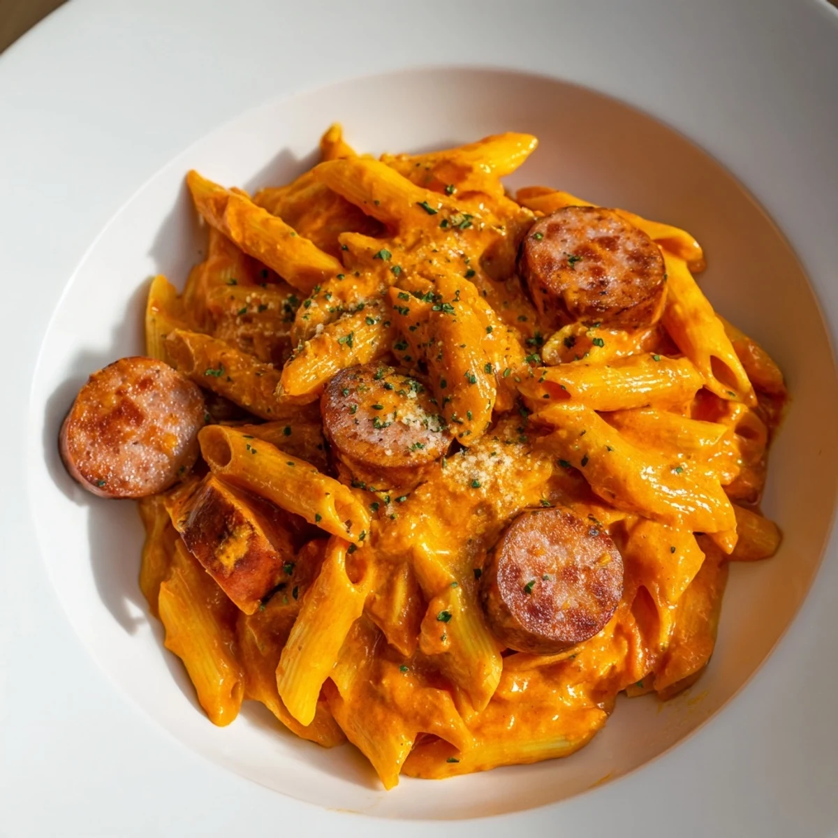 A steaming bowl of one-pot Currywurst Pasta, with sausage slices and vibrant tomato sauce.