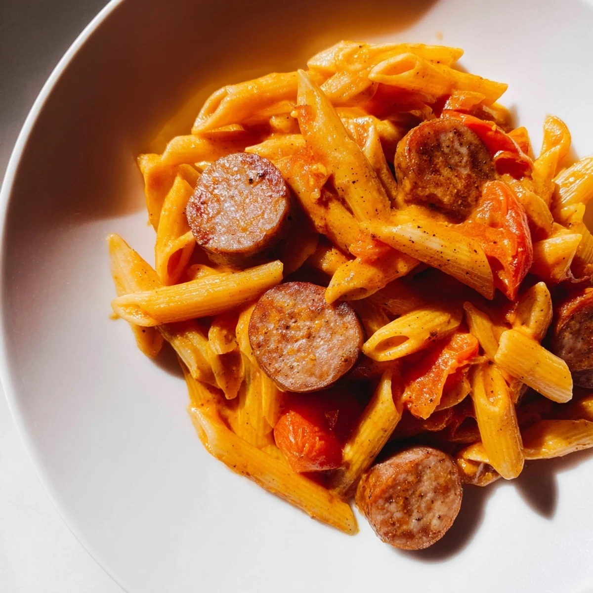 Close-up of golden pasta and sliced sausage in hearty one-pot Currywurst Pasta, ready to serve.