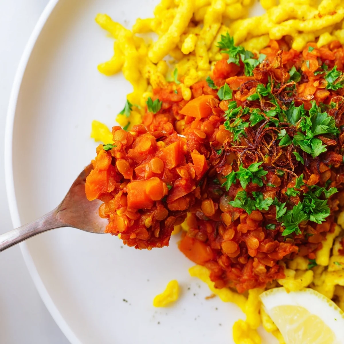 Vegan German Dahl & Spätzle Bowl with a creamy lentil texture, topped with fresh herbs.