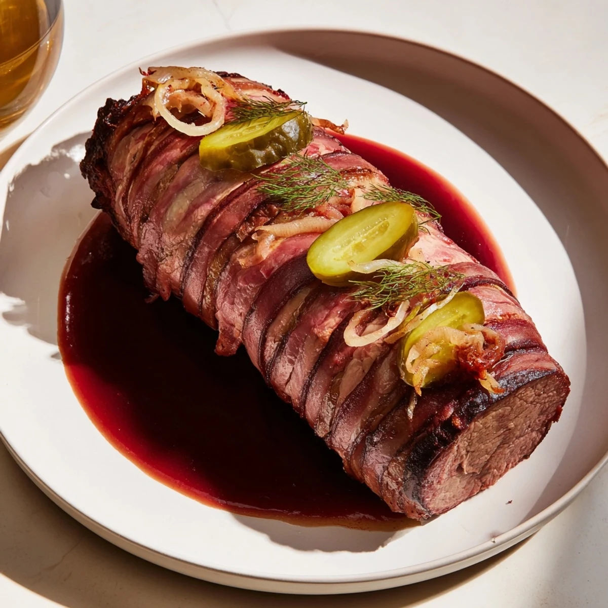 Juicy braised beef roulades, glistening with flavorful goji berry gravy, ready to eat.