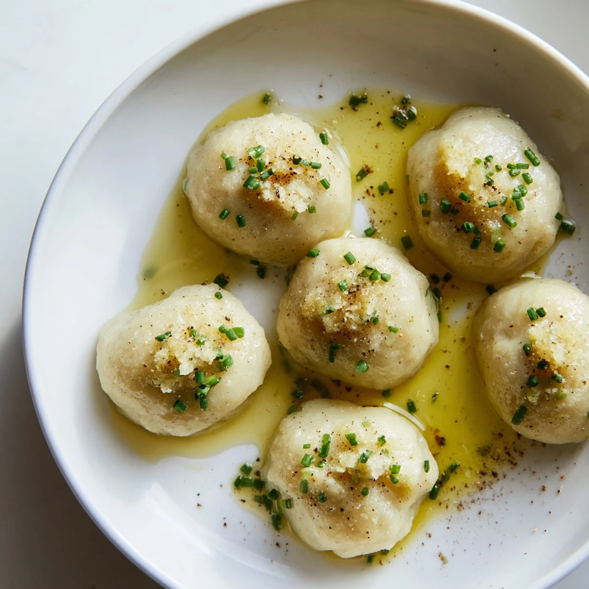 Fluffy potato dumplings drizzled with truffle oil, ready to serve with fresh chives, a comforting German treat.