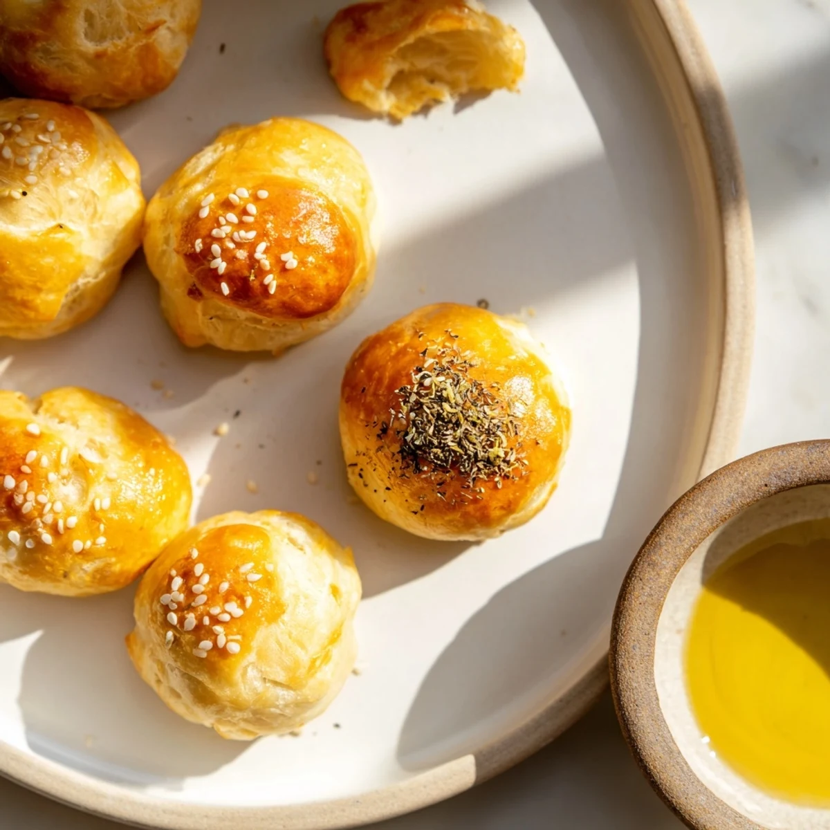Golden-brown Christmas Market pretzel bites, ready to dip into fragrant zaatar butter, a perfect snack.