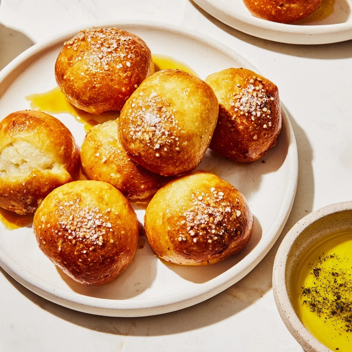 Warm, freshly baked pretzel bites from a Christmas market, served with flavorful zaatar butter for a tasty treat.