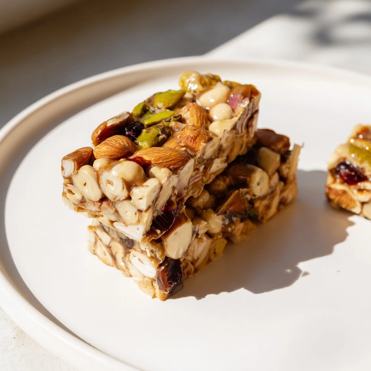 Golden, chewy Nutty Nougat Snack Bars with a rich honey aroma and crunchy roasted nuts.