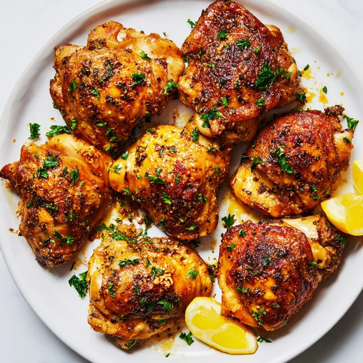 Golden, juicy Bavarian Sweet Mustard Chicken with crispy skin, ready to serve with fresh parsley.