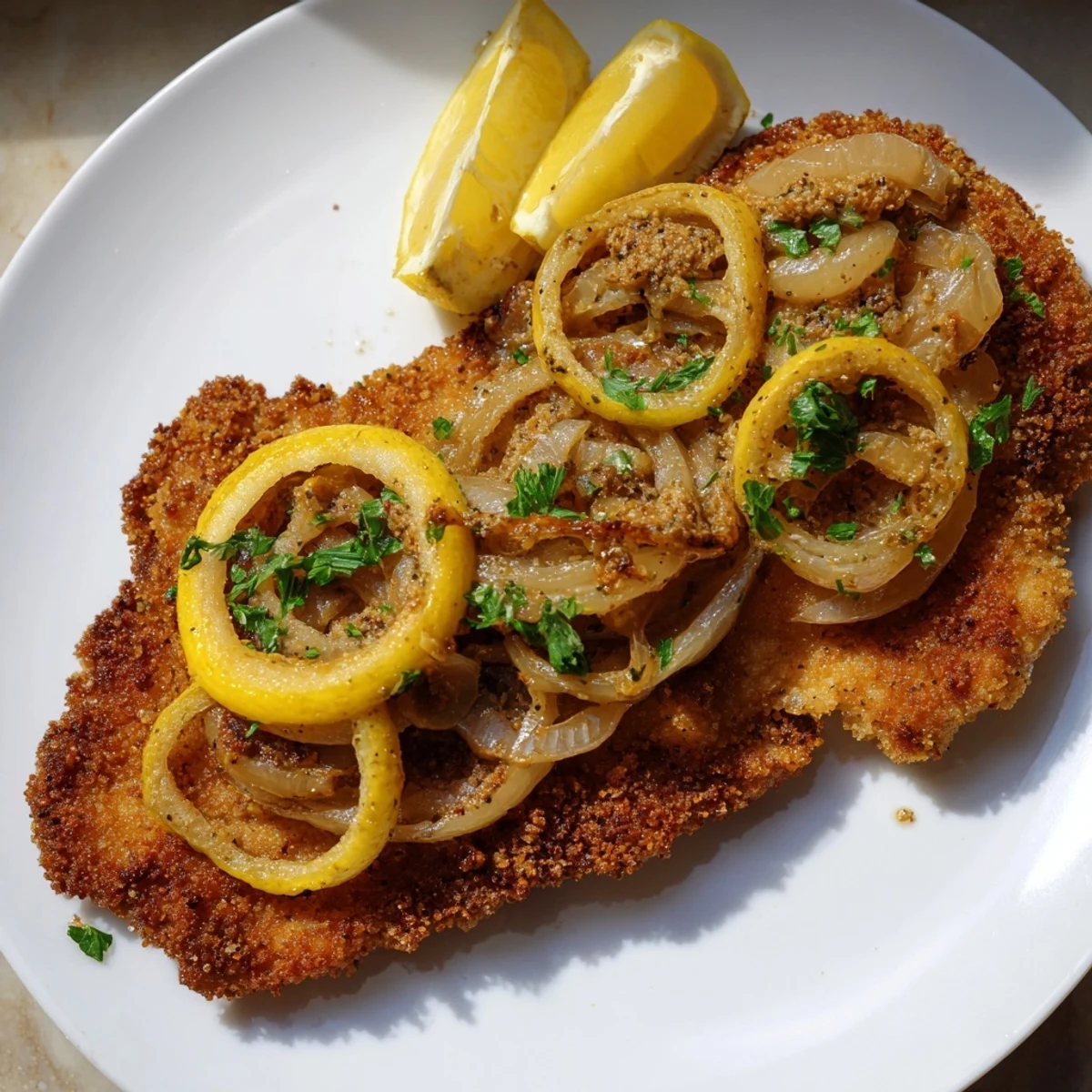 Crispy golden Caramelized Onion Schnitzel, topped with glistening sweet onions, for a delicious dinner.