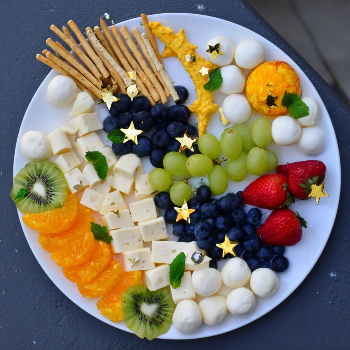 Comet & Planet Grazing Tray with colorful fruits and cheeses, perfect for a party.