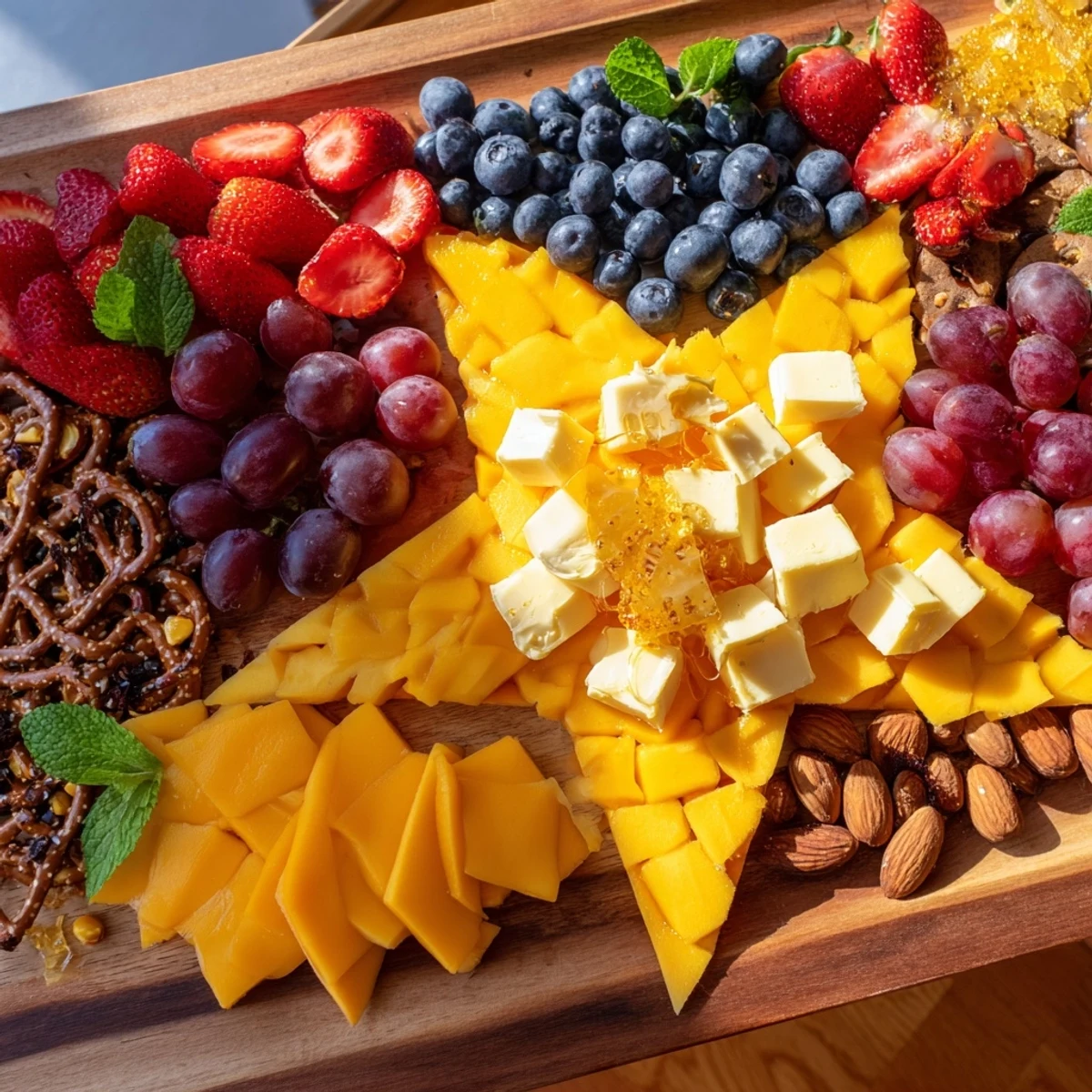 Festive Shooting Star Snack Board with cheeses, fruits, and crackers perfect for a party.