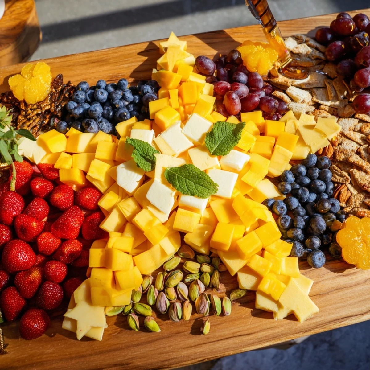 A delicious Shooting Star Snack Board loaded with colorful fruits, assorted cheeses, and sweet treats.