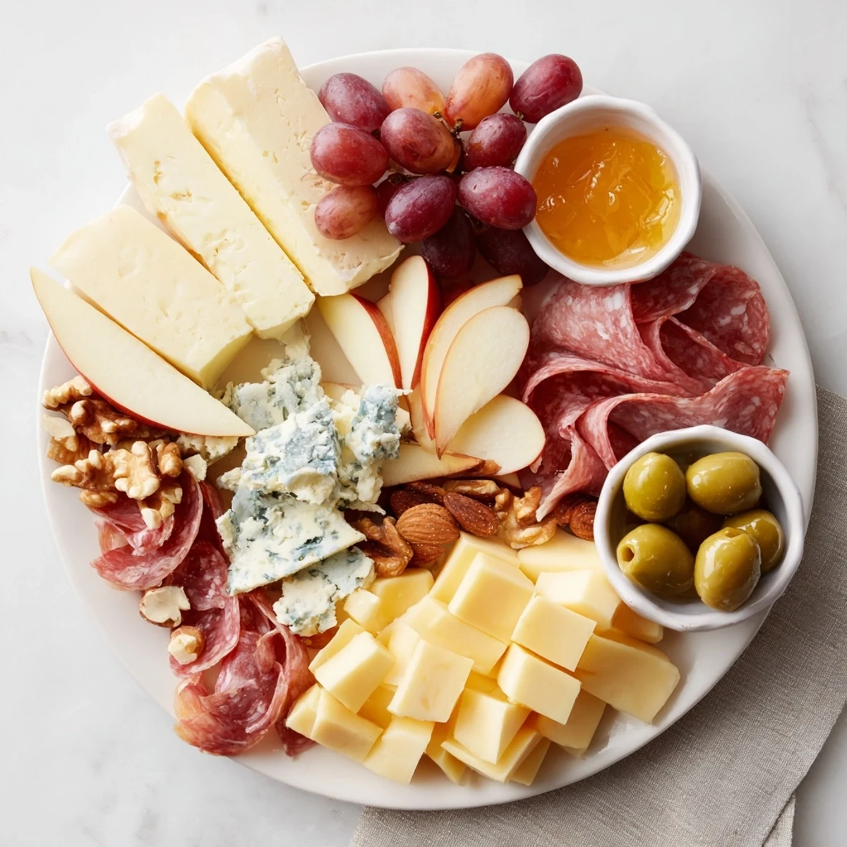 A delightful moonlight picnic board with assorted cheeses and charcuterie ready to enjoy.