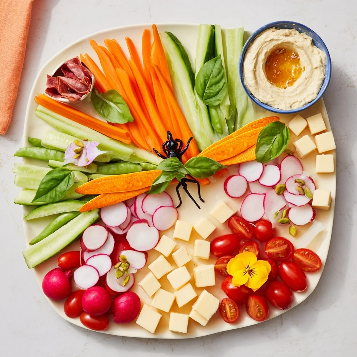 A beautifully arranged Dragonfly Dance Appetizer Tray with colorful veggies, cheeses, and meats for sharing.