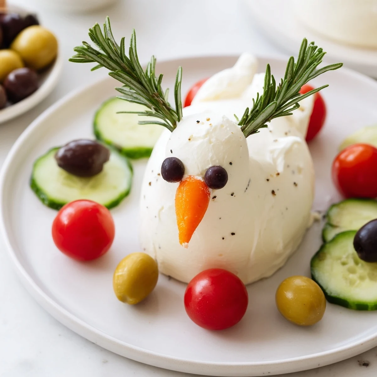 Creamy cheese dove and olives arranged on a platter, a beautiful Peace Dove Christmas Olive Platter.