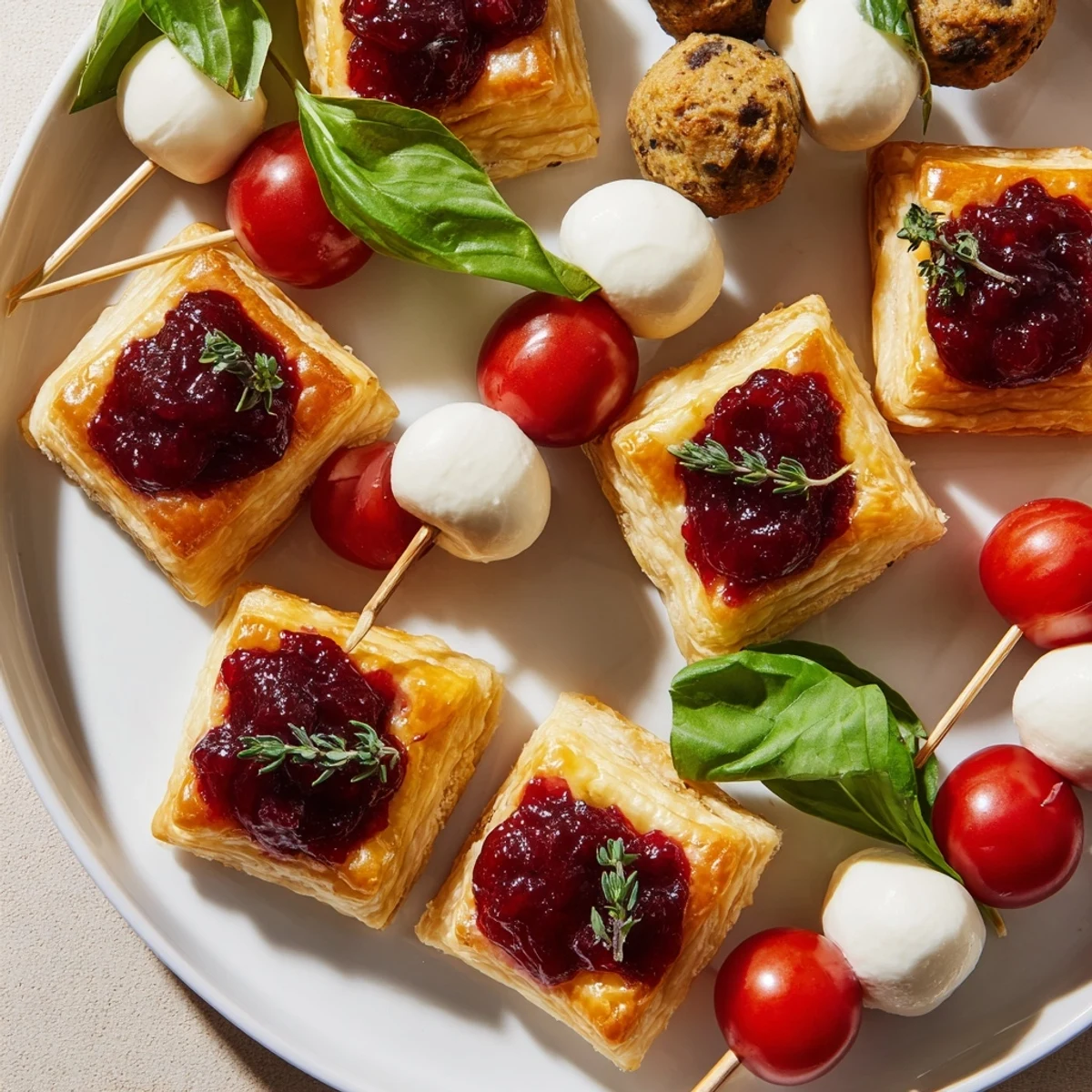 A vibrant plate of Joy to the World Festive Appetizer Trio, ready to delight guests this holiday.