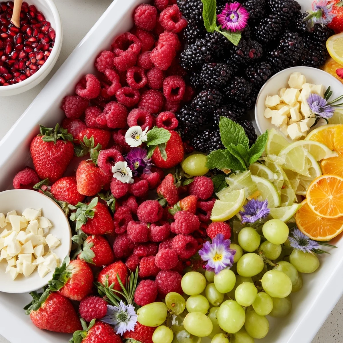 Elegant Bubbly Bar New Years Eve garnish tray with colorful fresh fruits ready to enhance cocktails.