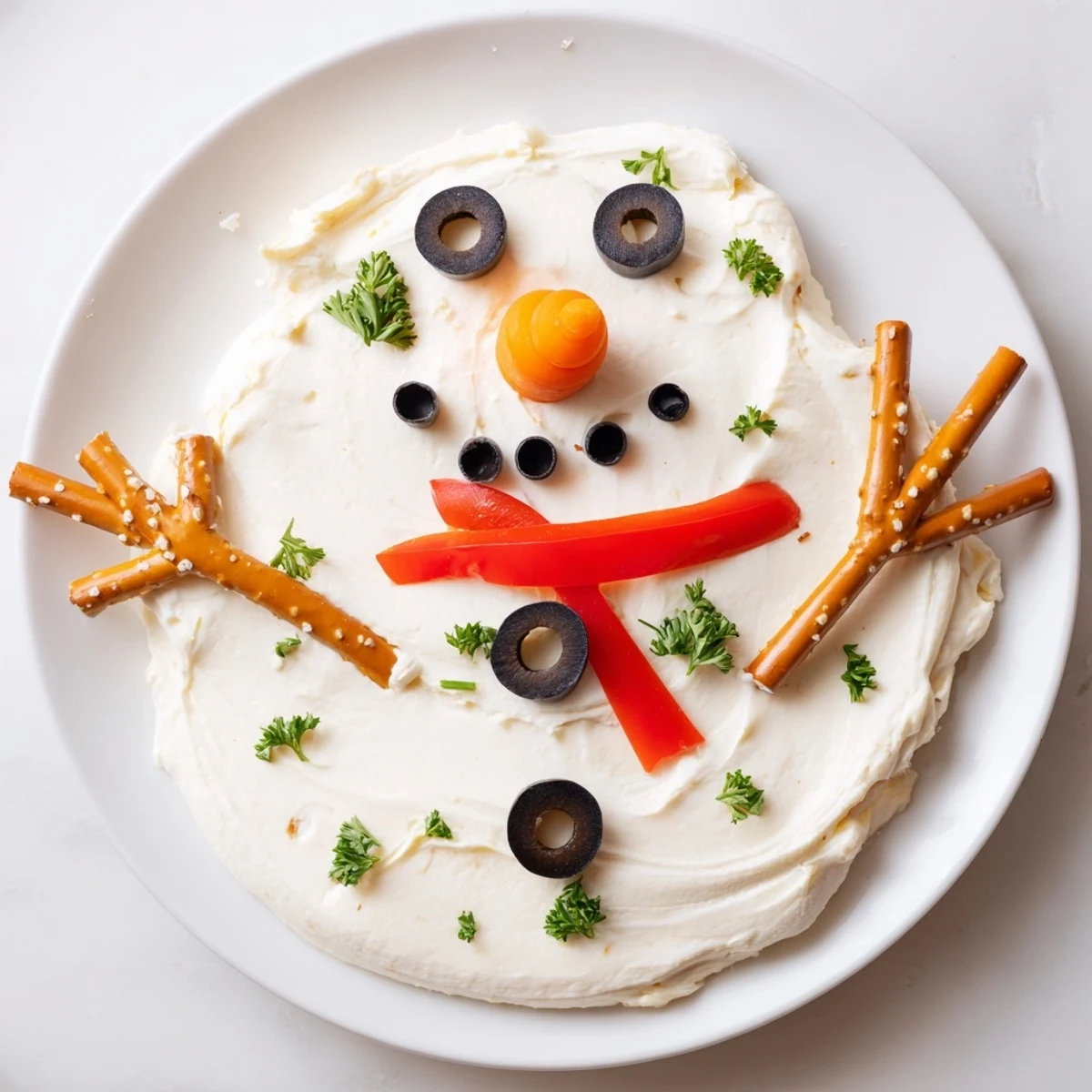 Delicious Melted Snowman Dip Bowl, a whimsical appetizer with olive eyes and carrot nose.