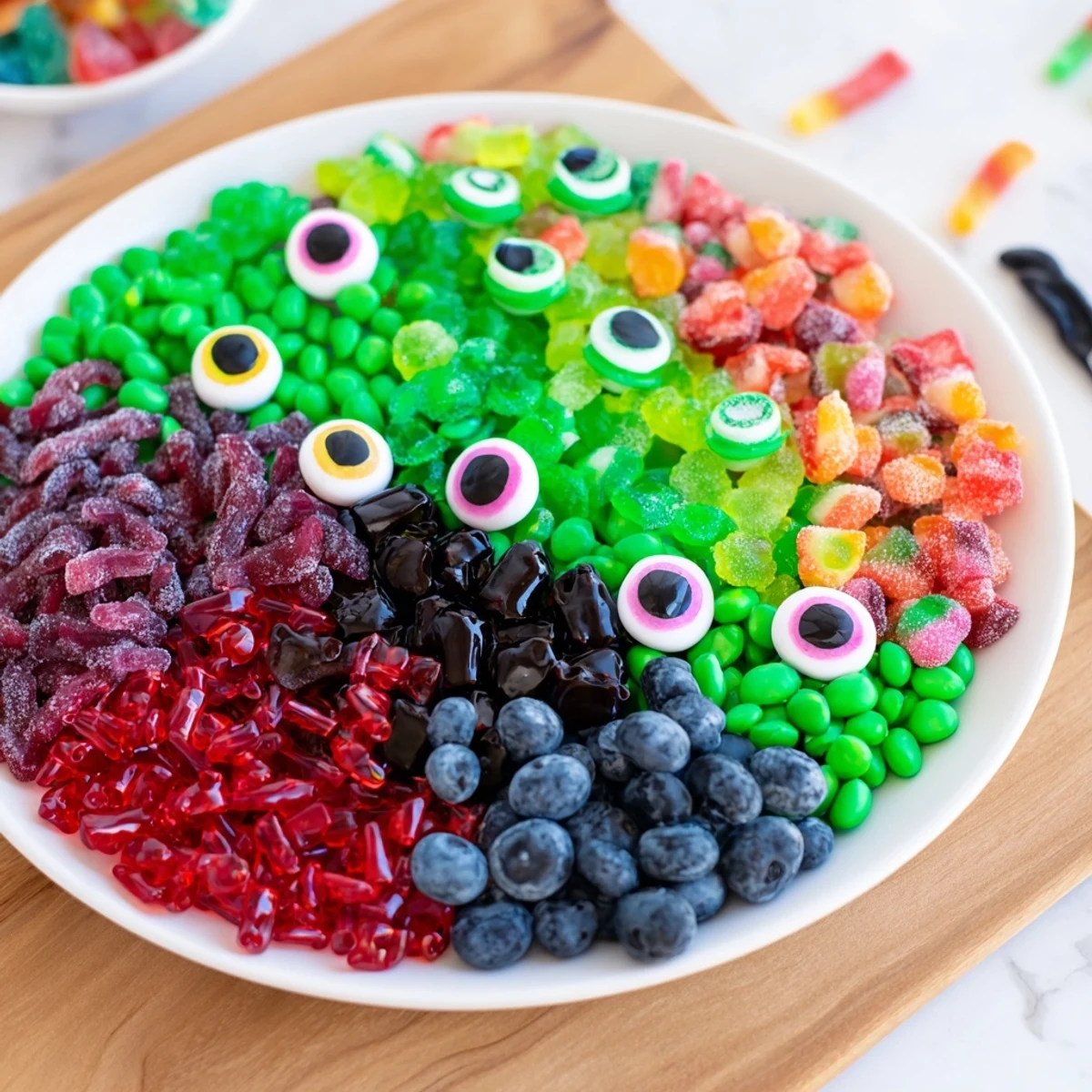 Spooky Poison Apple Candy Platter, a visually exciting Halloween dessert, brimming with colorful candies.