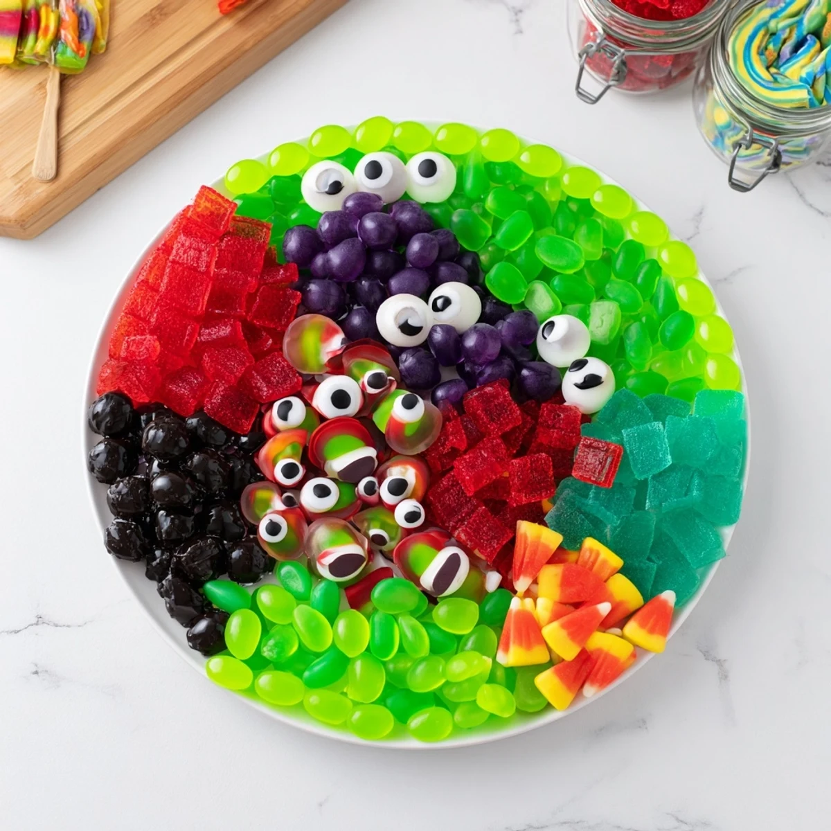 This Poison Apple Candy Platter features vibrant apple candies and poisonous purple treats arranged artfully.
