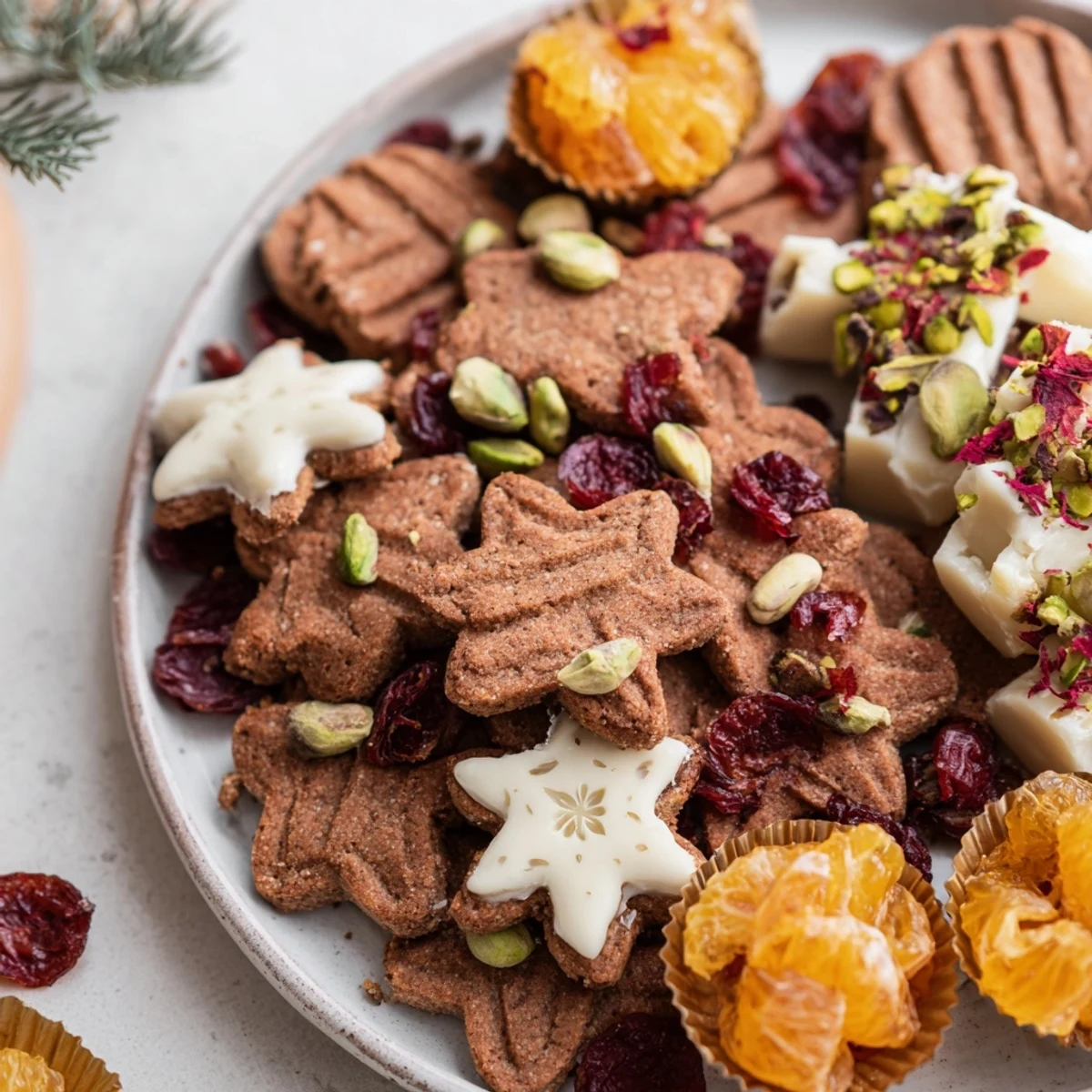 A platter of Festive Christmas Joy Trios featuring mini cookies, white chocolate bark, and tartlets.