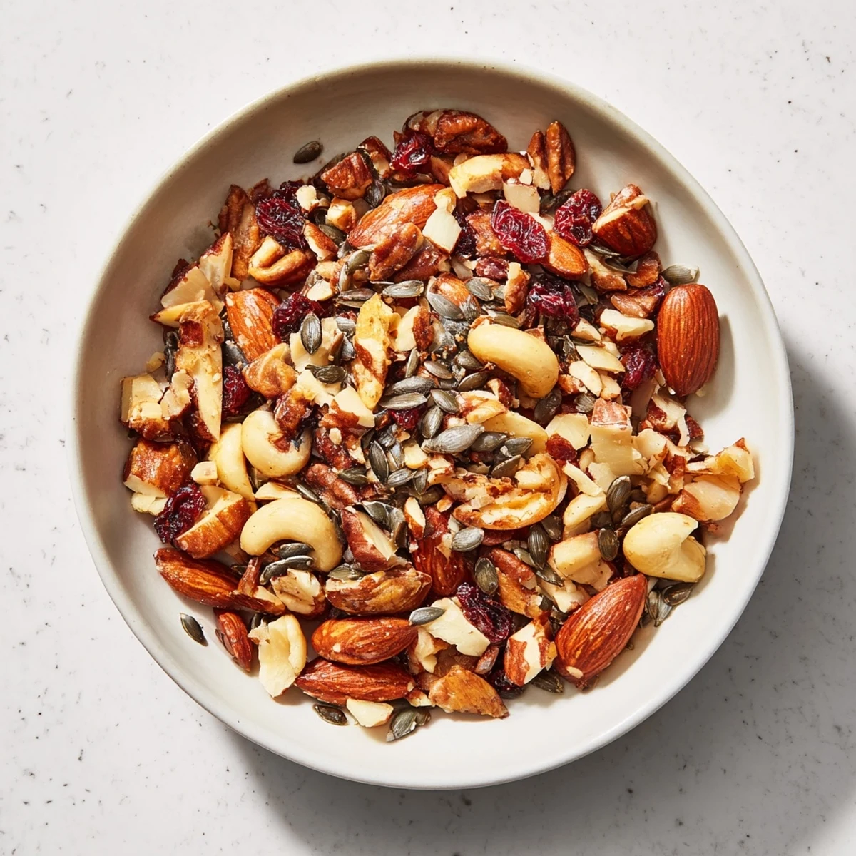 A golden Squirrels Gourmet Nut Bowl, a delicious snack brimming with roasted nuts and sweet cranberries.