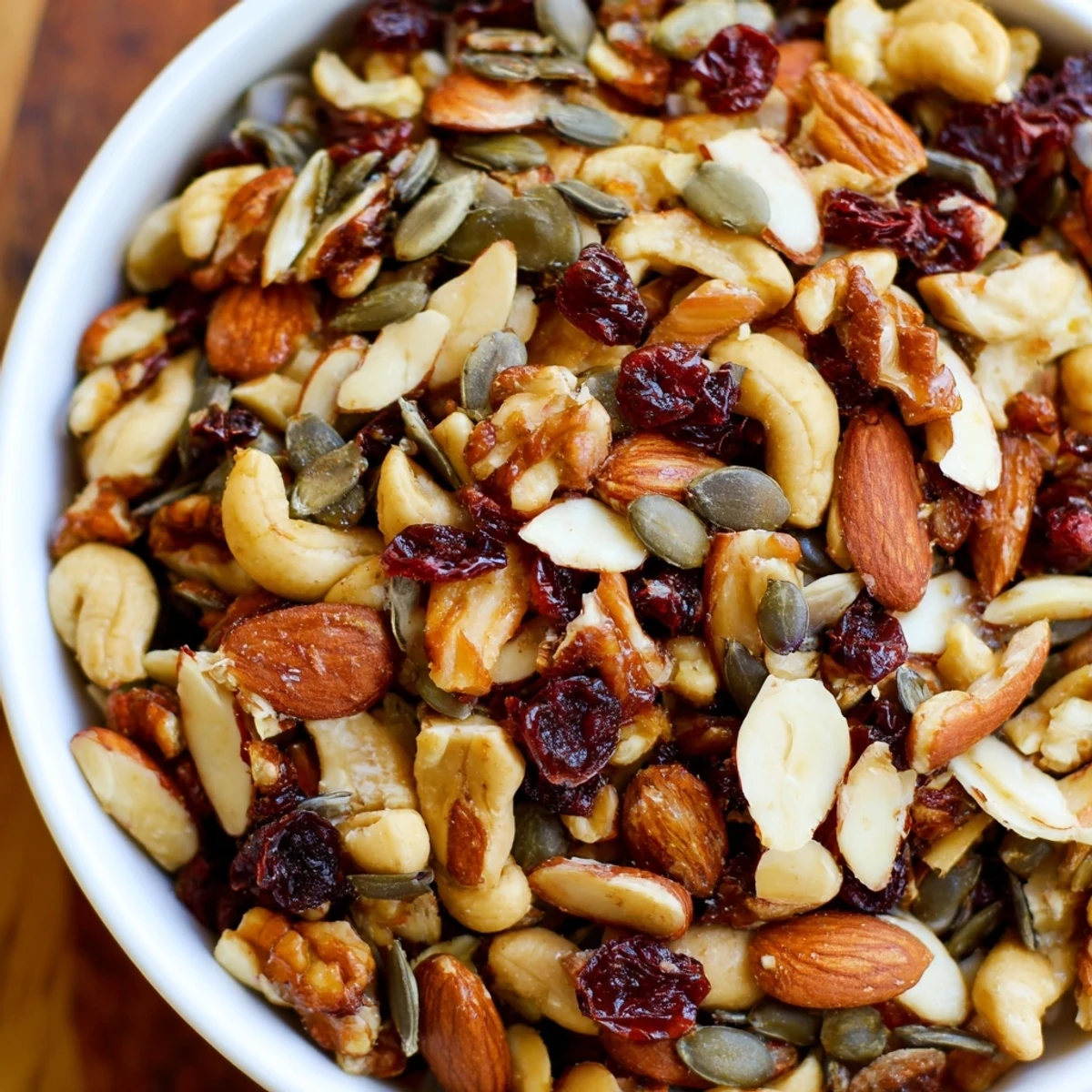 Close-up of a crunchy Squirrels Gourmet Nut Bowl, showcasing toasted nuts and dried fruit, ready to eat.