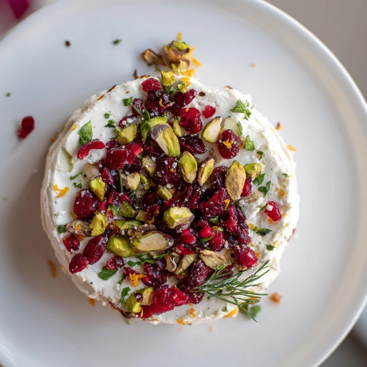 Festive Rosemary Cranberry Christmas Tree appetizer, creamy cheese topped with cranberries and rosemary.