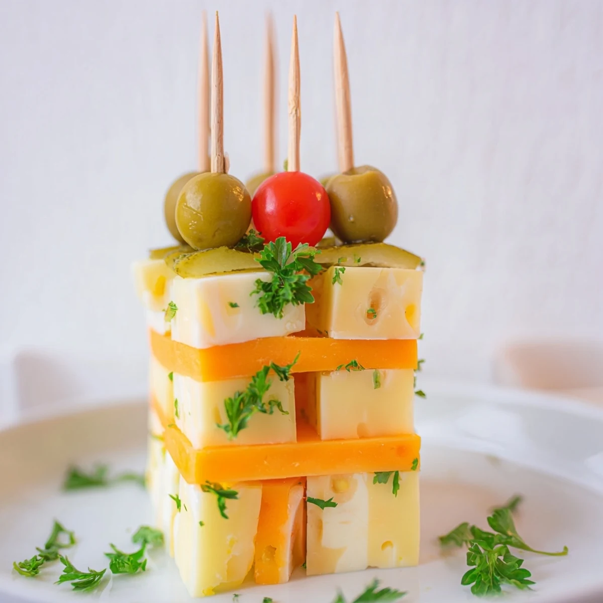 Festive Cube Cheese Stack: Colorful cheese cubes stacked high with cherry tomatoes and olives, festive appetizer.