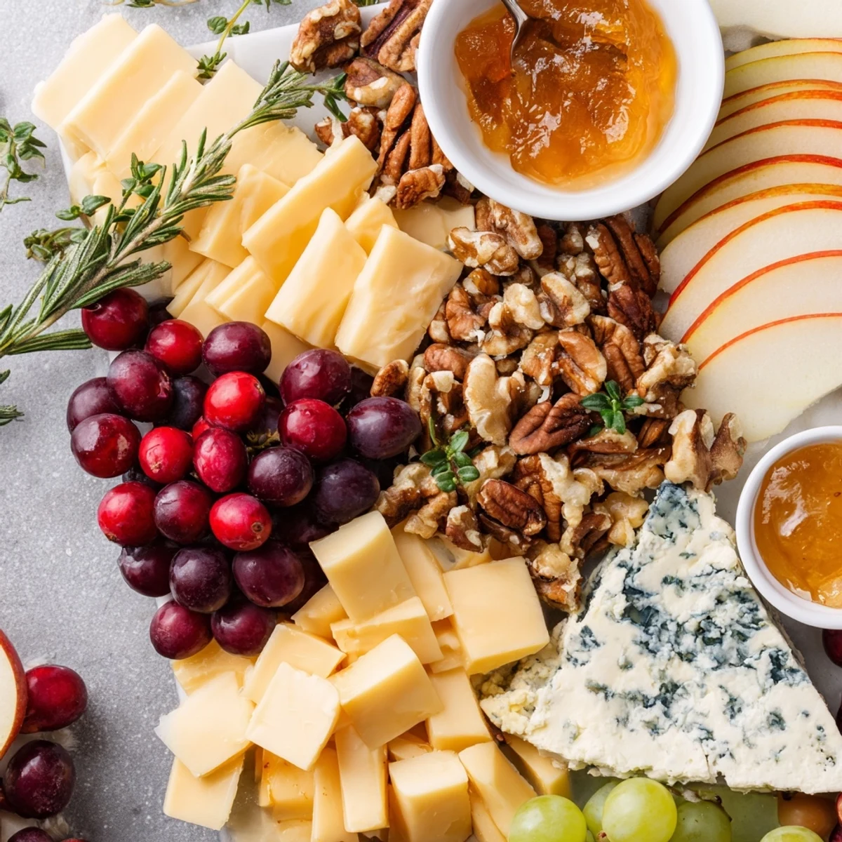 Cozy Seasonal Winter Cabin Cheese Display platter overflowing with cheeses, fruits, and nuts.