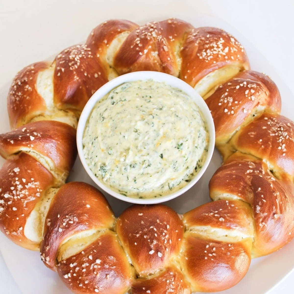 Warm pretzel wreath dip ring with bubbly cheese dip, ready for a delicious appetizer.