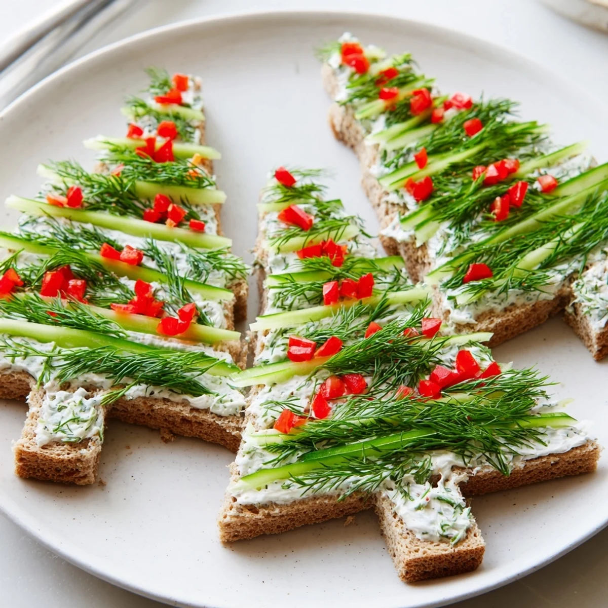 Crisp cucumber and creamy cream cheese tree stacks, a delicious appetizer ready to eat.