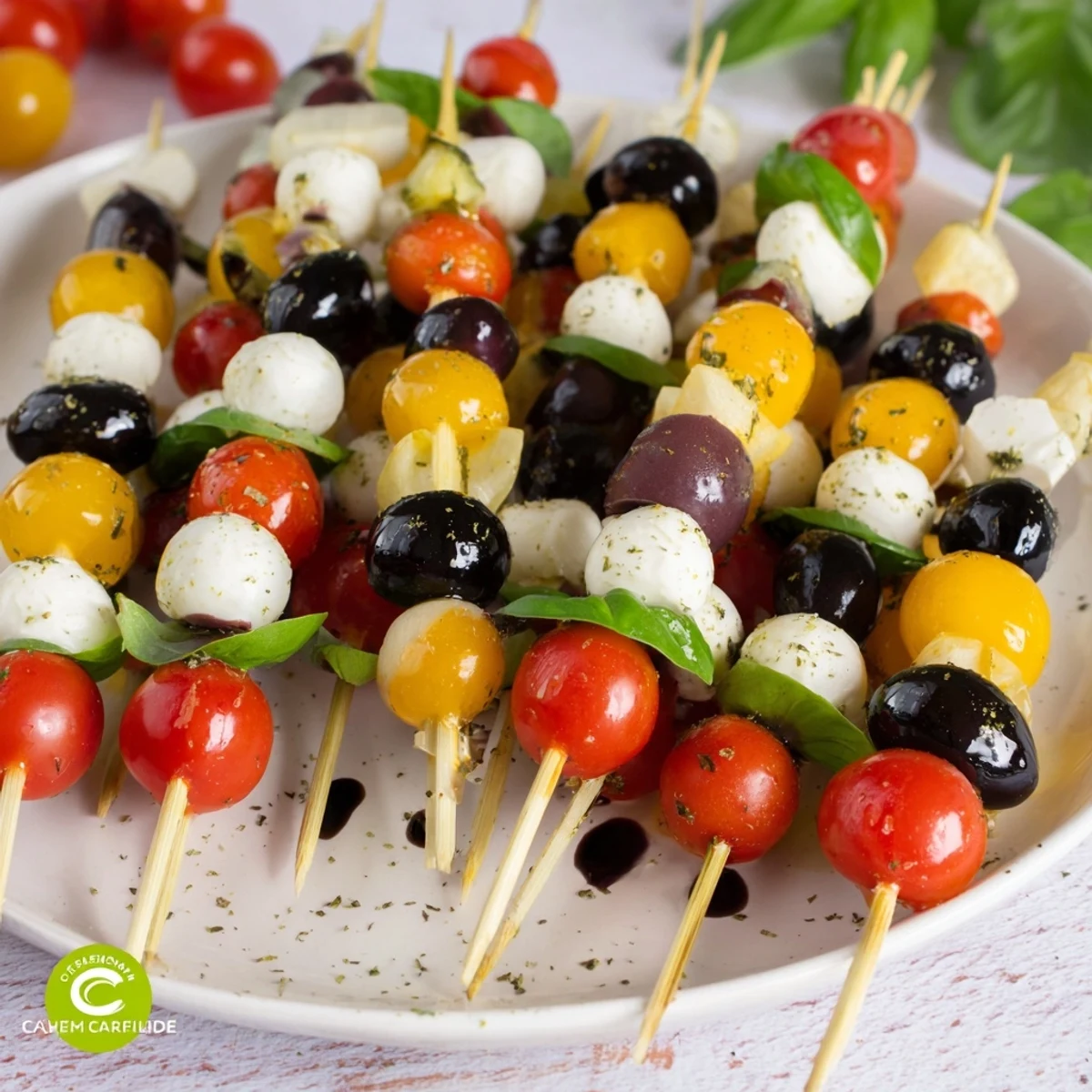 Vibrant skewers of Christmas Lights Olive and Tomato, featuring olives, tomatoes, and mozzarella, are ready to eat.