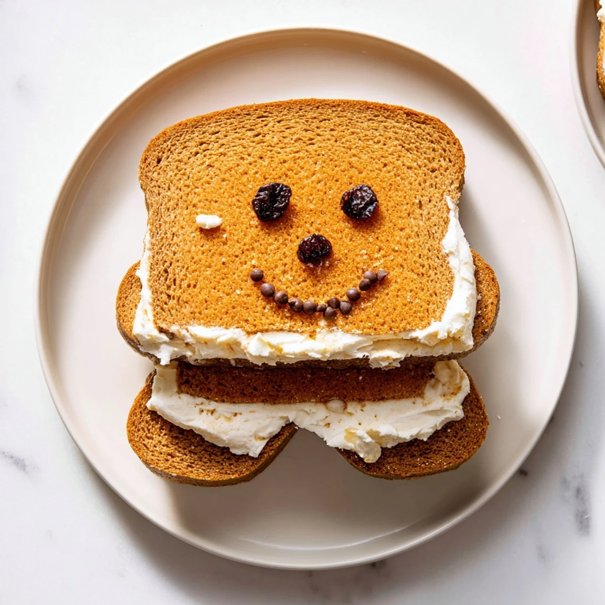 Yummy Gingerbread Man Sandwich cutouts, filled with cream cheese and fruity decorations; a sweet treat.