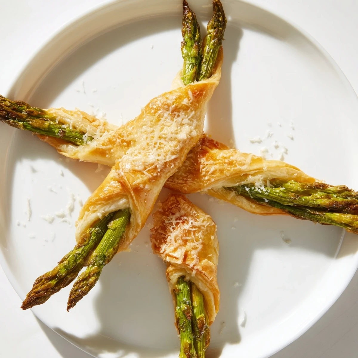 Golden, flaky Star Shaped Asparagus Bundle Wraps, showcasing delicate asparagus, perfect for serving warm.