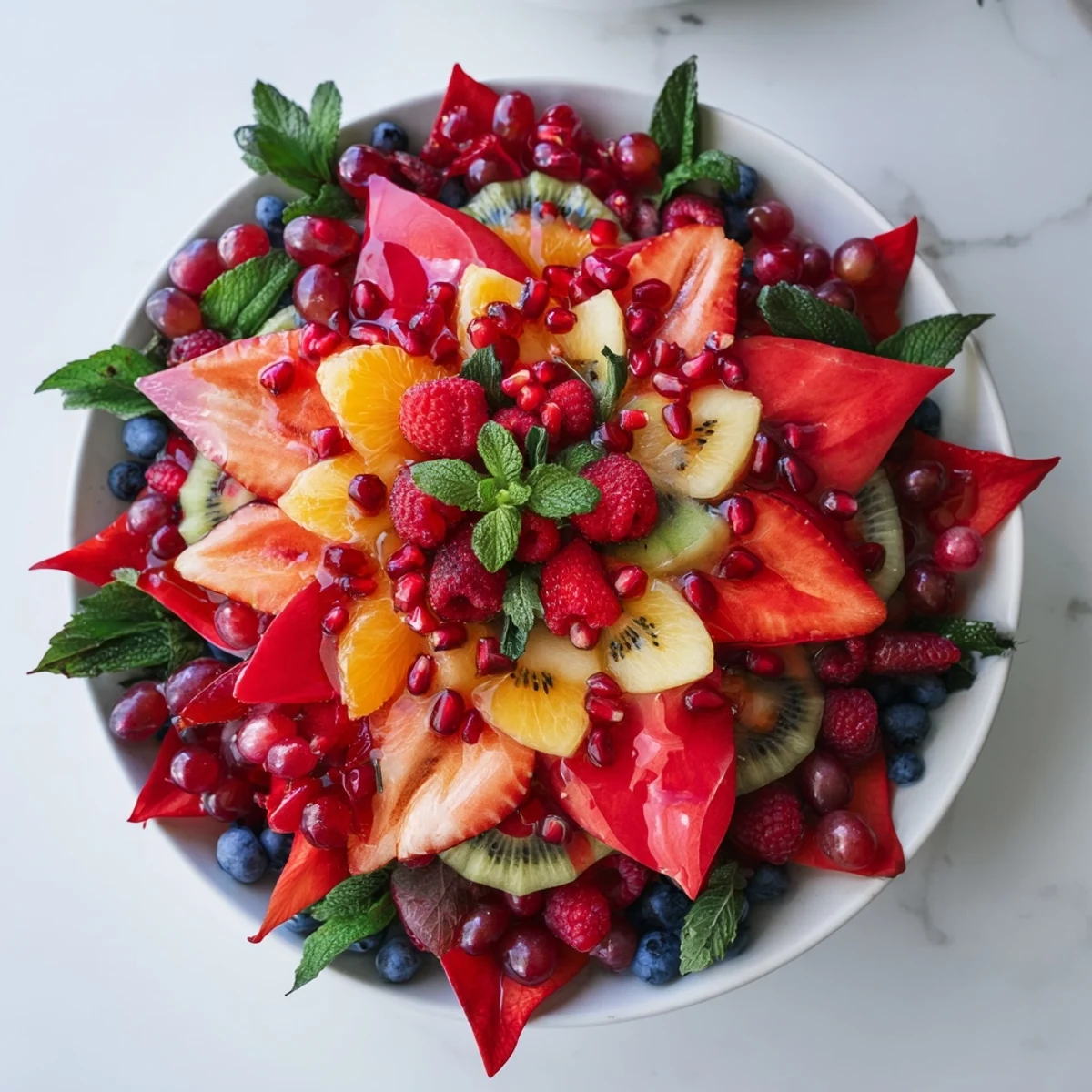 Festive Poinsettia Fruit Bowl: A vibrant fruit arrangement shaped like a poinsettia, perfect for a holiday brunch.