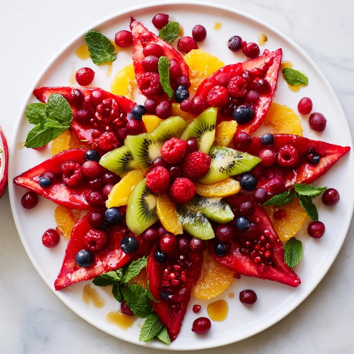 Beautiful Festive Poinsettia Fruit Bowl, full of fresh berries and juicy fruits for a festive holiday.