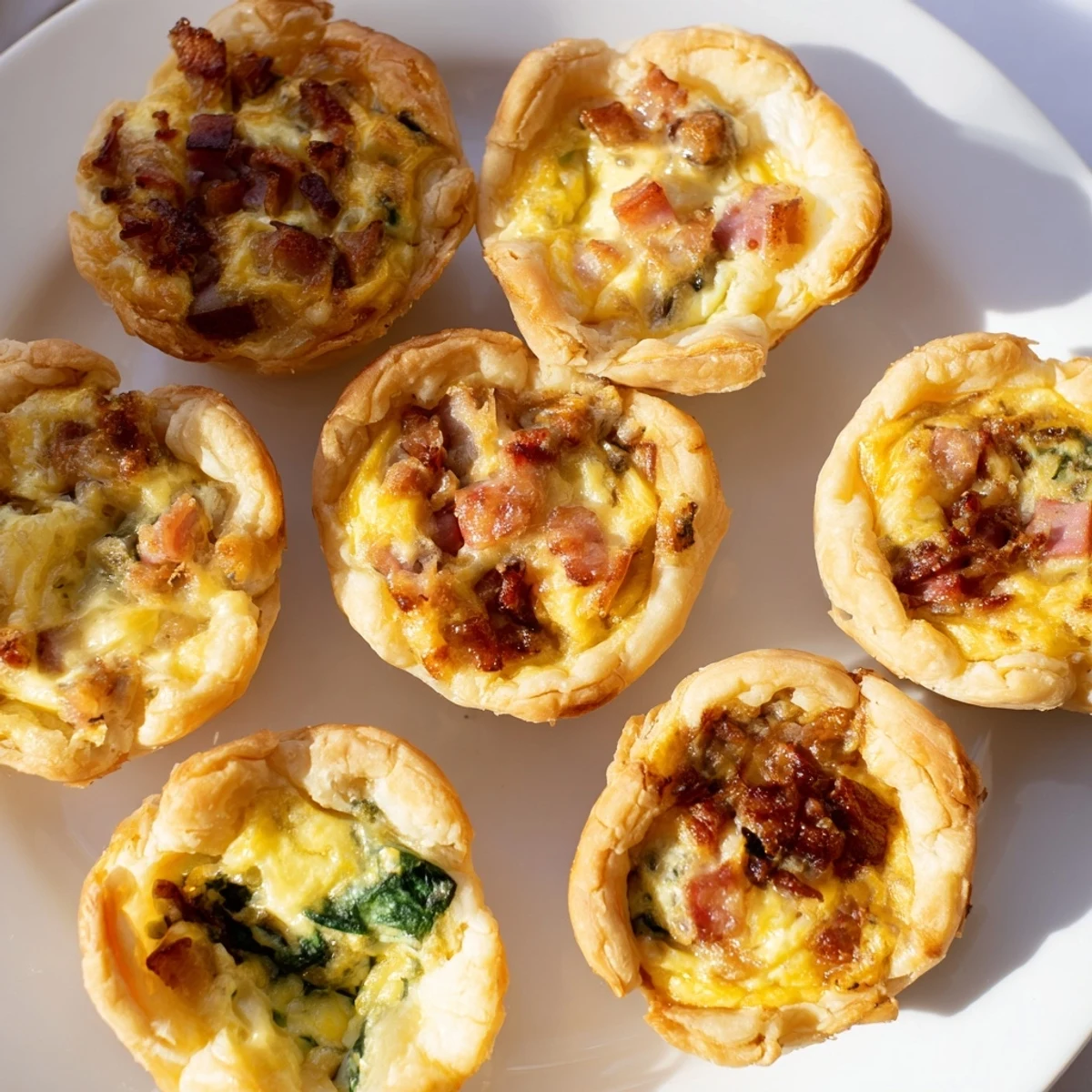 A holiday village board displays golden-brown mini quiches with festive decorations.