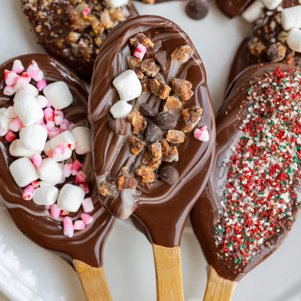 Cozy Hot Chocolate Spoon Toppings Board with marshmallows, chocolate chips, and crushed cookies, ideal for gatherings.