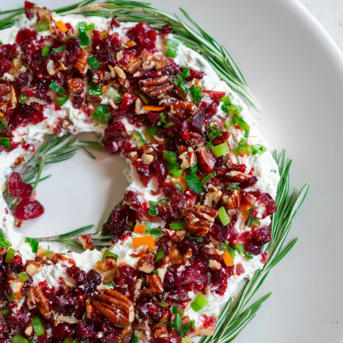 Festive Cranberry Feta Dip Wreath, a creamy party appetizer, garnished with fresh rosemary and pecans.