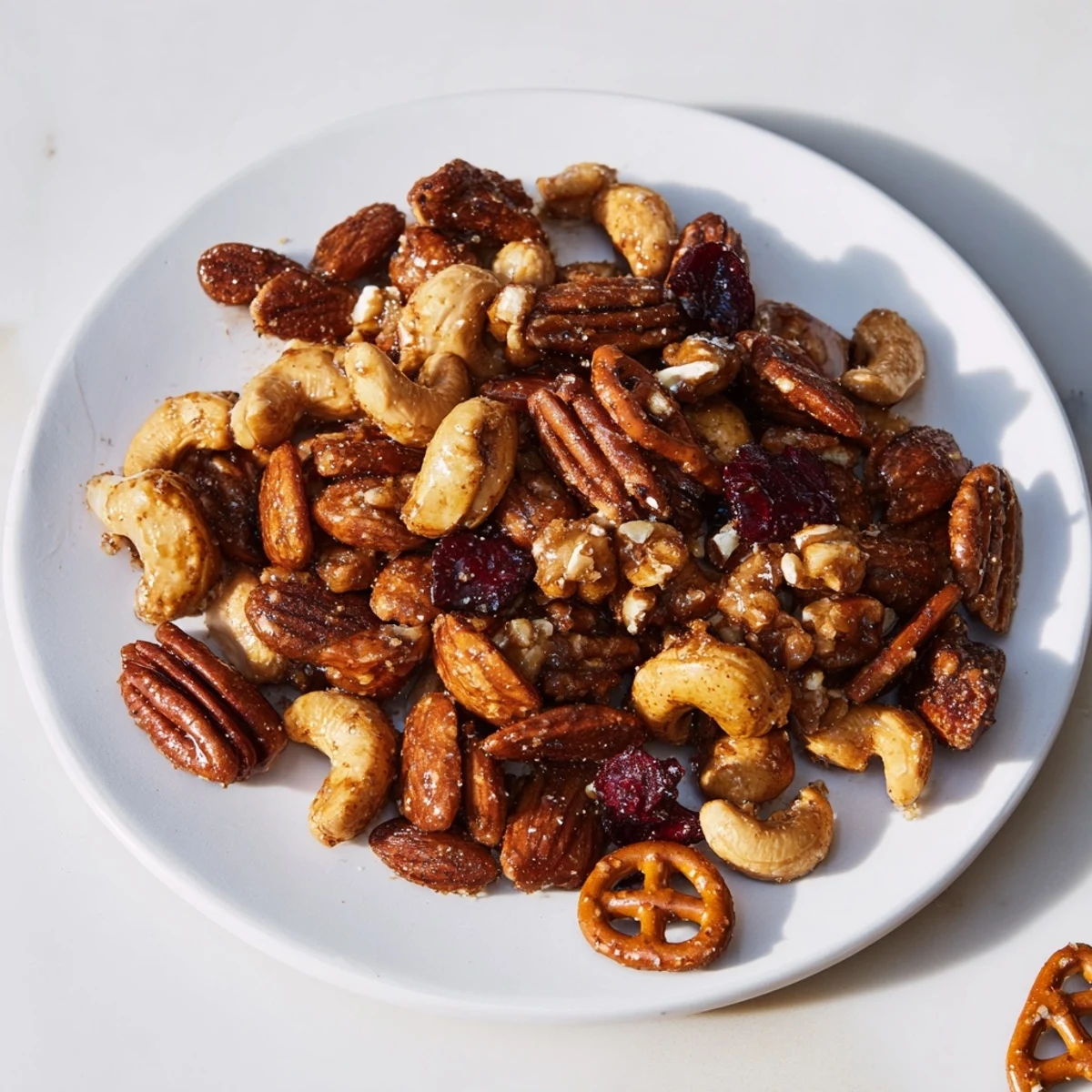 Golden, roasted Sweet and Salty Holiday Nut Bowl; crunchy pretzels and spiced nuts look irresistible.
