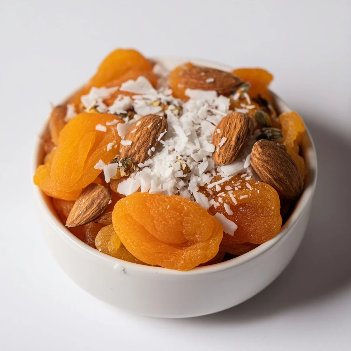 Fruit & Nut: Almonds and Dried Apricots Simple Pile: A colorful pile of sweet dried apricots and crunchy almonds ready to eat.