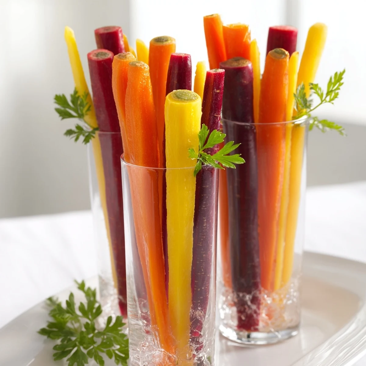 Vibrant Simple Crudités: Rainbow carrot sticks beautifully arranged in chilled glasses, a refreshing appetizer.